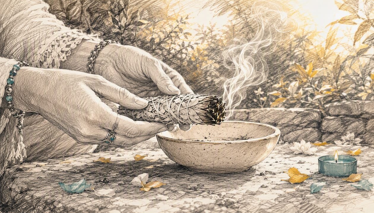 Home Energy Cleansing for a Lighter, Calmer Home 1 Hands holding lit white sage bundle over fireproof dish