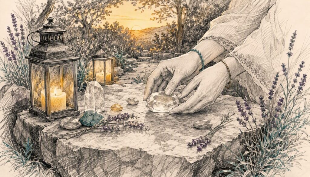 Hands performing gratitude ritual at home altar