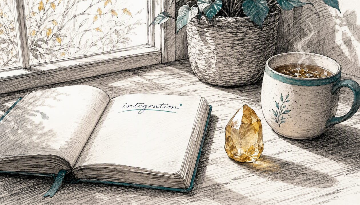 Shadow Work Prompts: 75+ Journal Questions for Healing 3 Journal open with crystal and tea