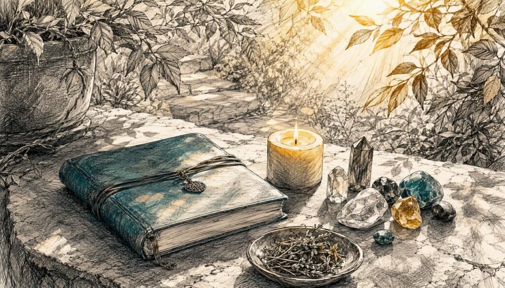 Candle and journal on wooden table