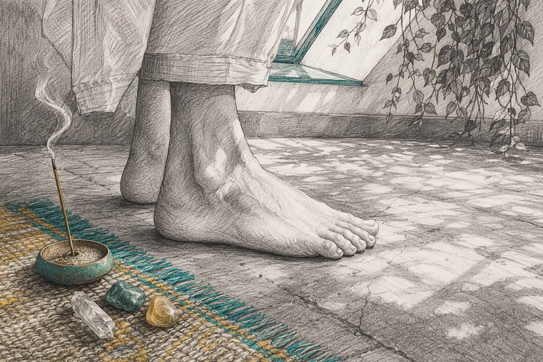 Energy Healing at Home: A Simple Daily Routine for Beginners 3 Bare feet grounding on wooden floor