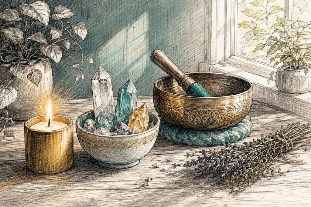 Home altar setup with candle and healing crystals