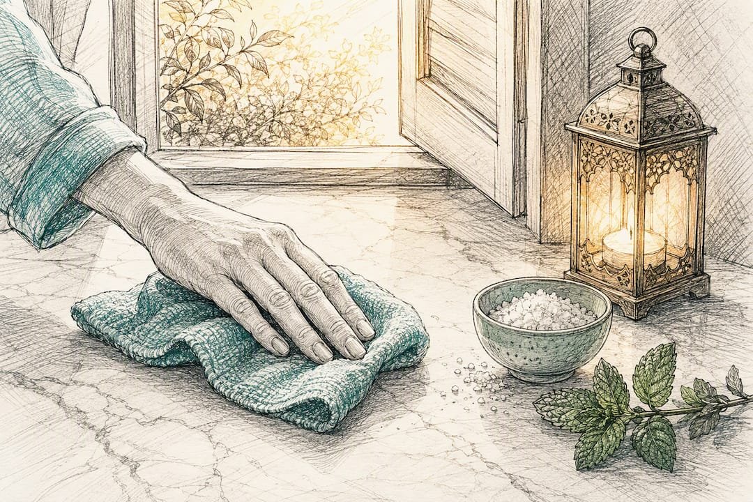 A Daily Spiritual Hygiene Routine You Can Start Today 3 Hand wiping wooden table in spiritual tidying ritual