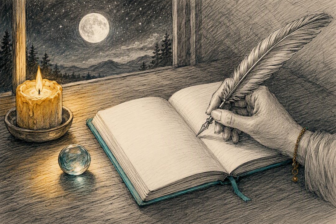 New Moon vs Full Moon: How to Ritualize Each Phase 2 Hand poised to journal next to moonlight and crystal