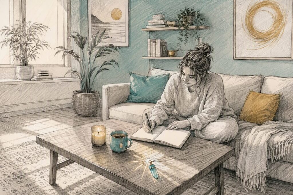 Journaling by candlelight in calm morning