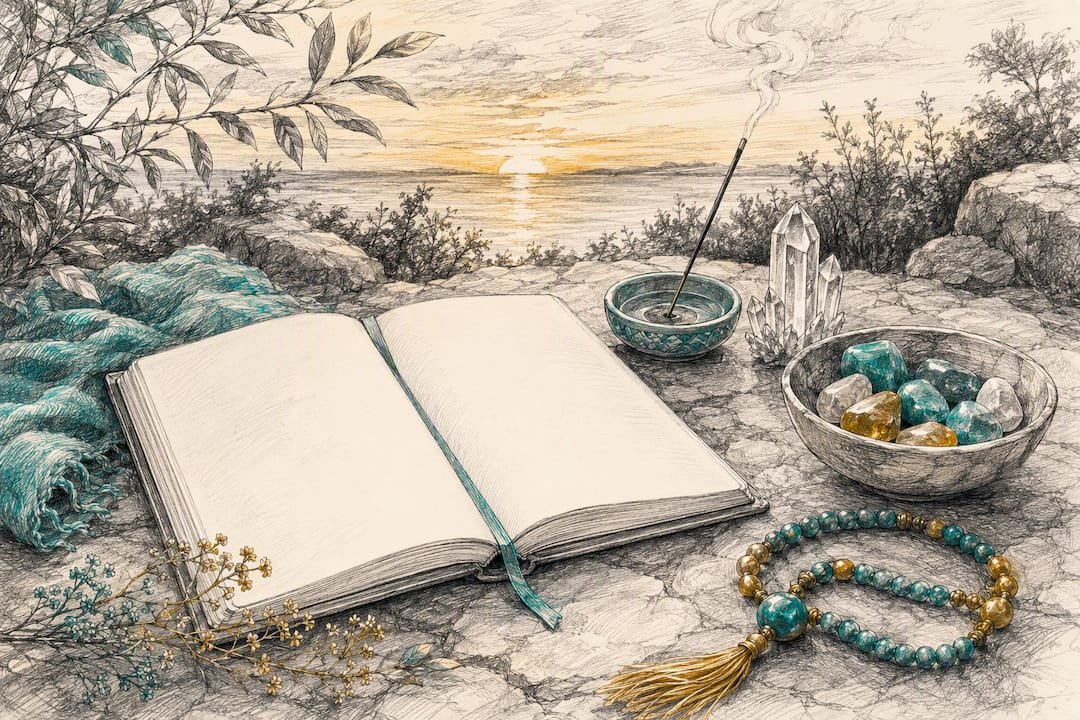 Affirmation Journaling: A Beginner's Guide to Getting Started 1 Calm flat lay of journal and spiritual objects