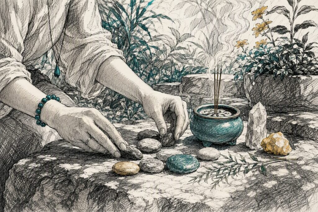 Hands preparing spiritual awakening altar ritual