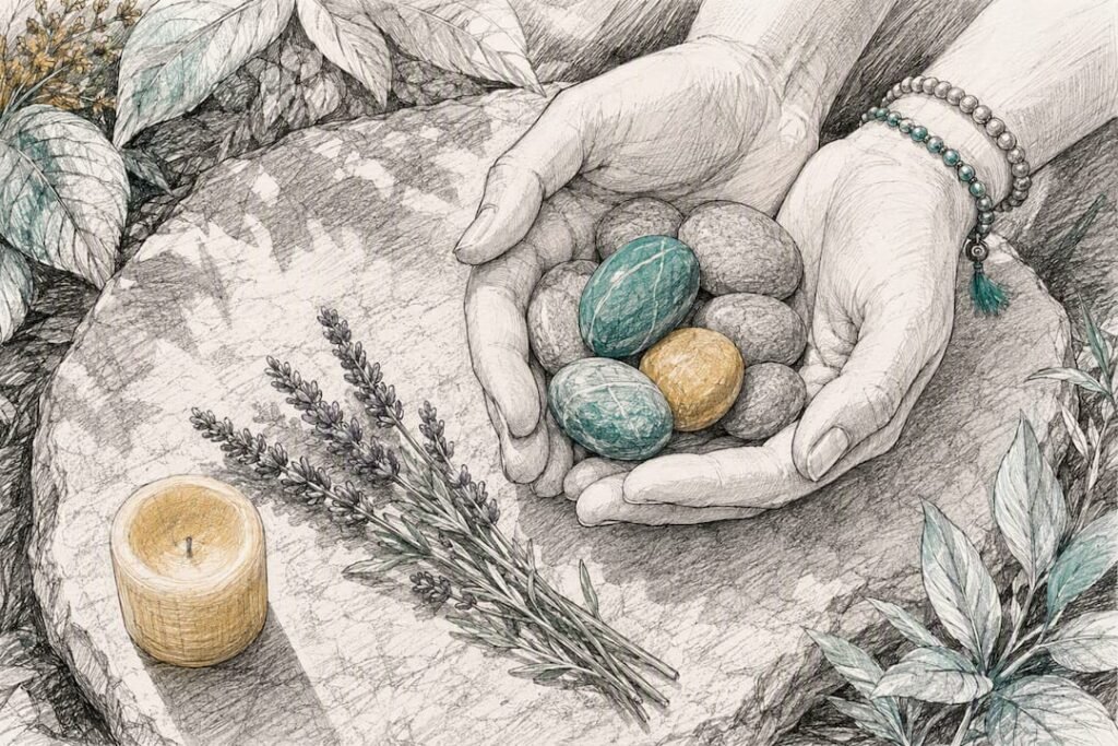 Hands holding grounding stones indoors