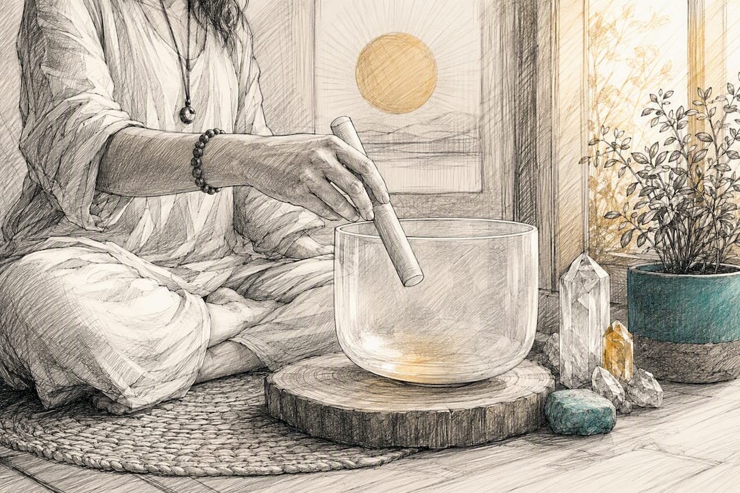 Person meditating with singing bowl in calm home corner