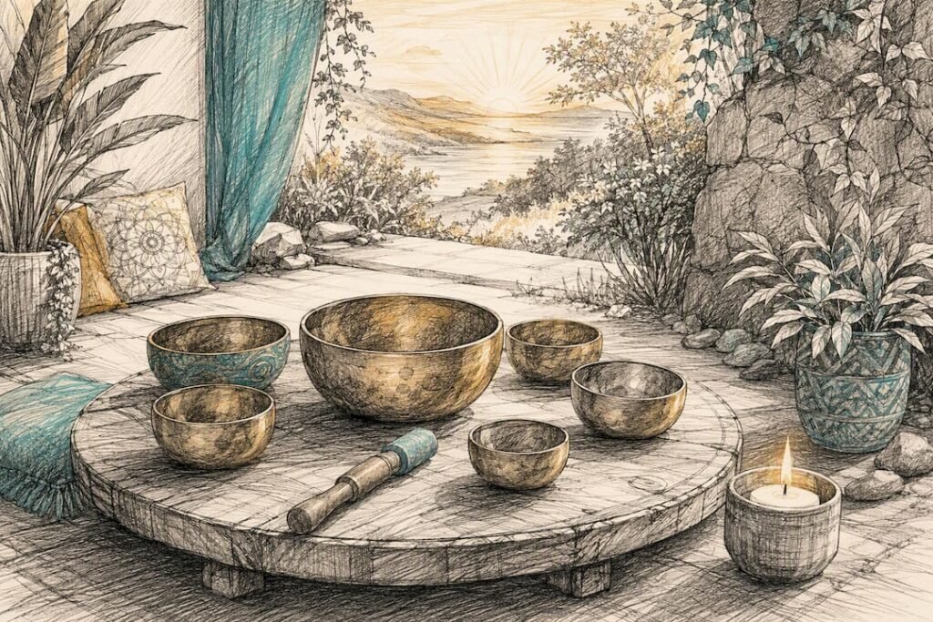Close-up of sound bowls and mallet in home setting