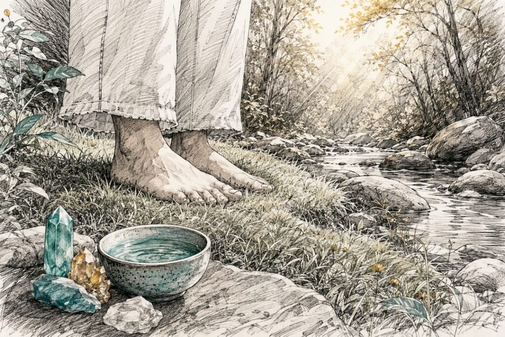 Bare feet touching earth with grounding stones