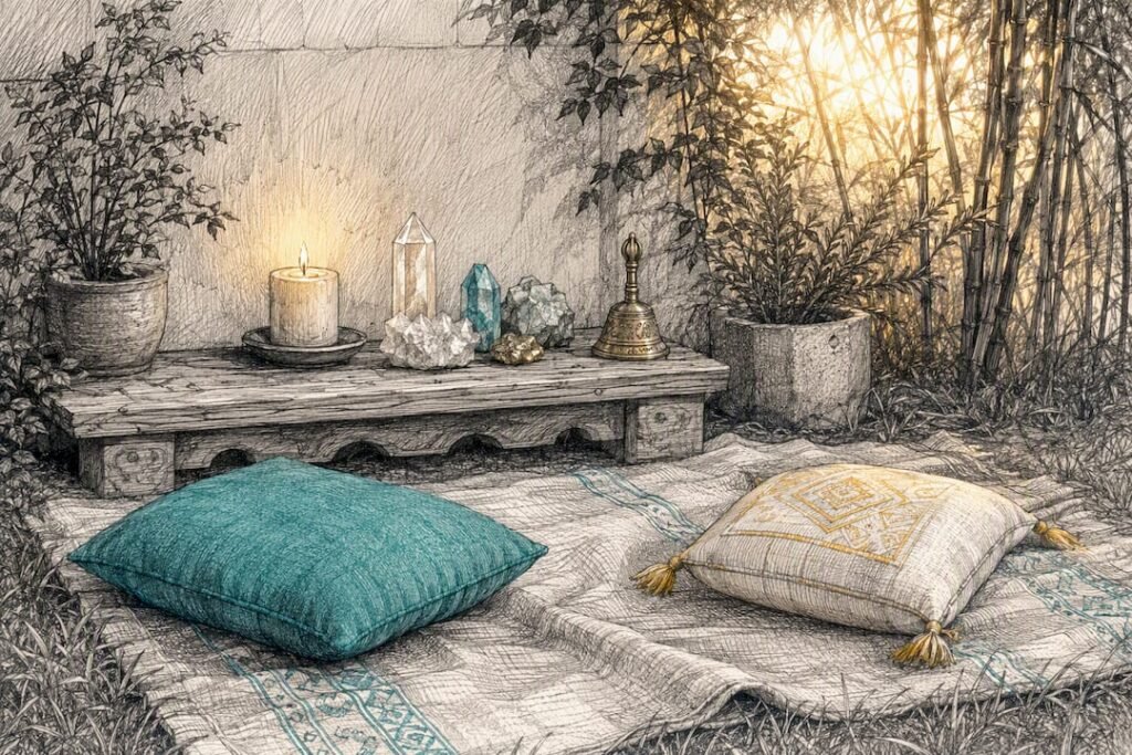 Minimalist sacred meditation corner with altar and bell