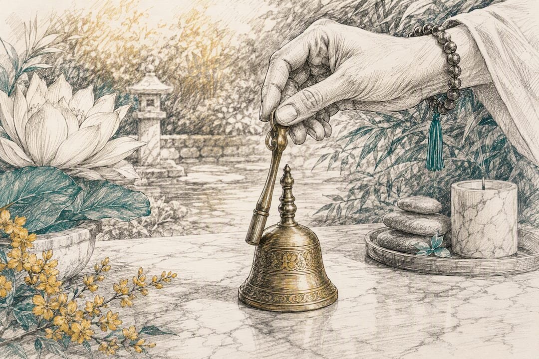 Seven Day Sacred Space Setup for Small Homes, Minimal and Portable 1 Hand ringing meditation bell near candle