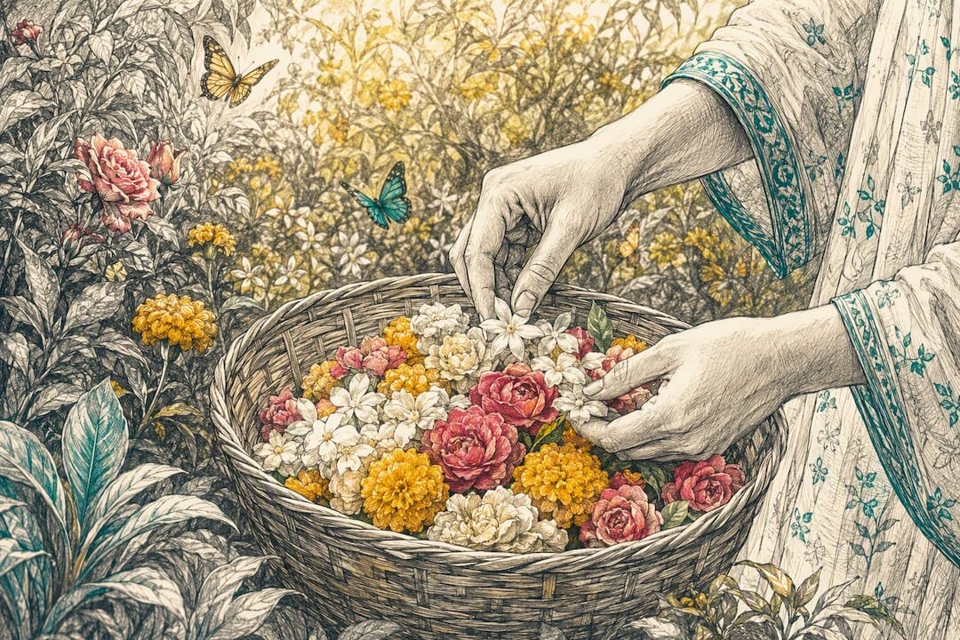 Hands selecting fresh flowers for bath