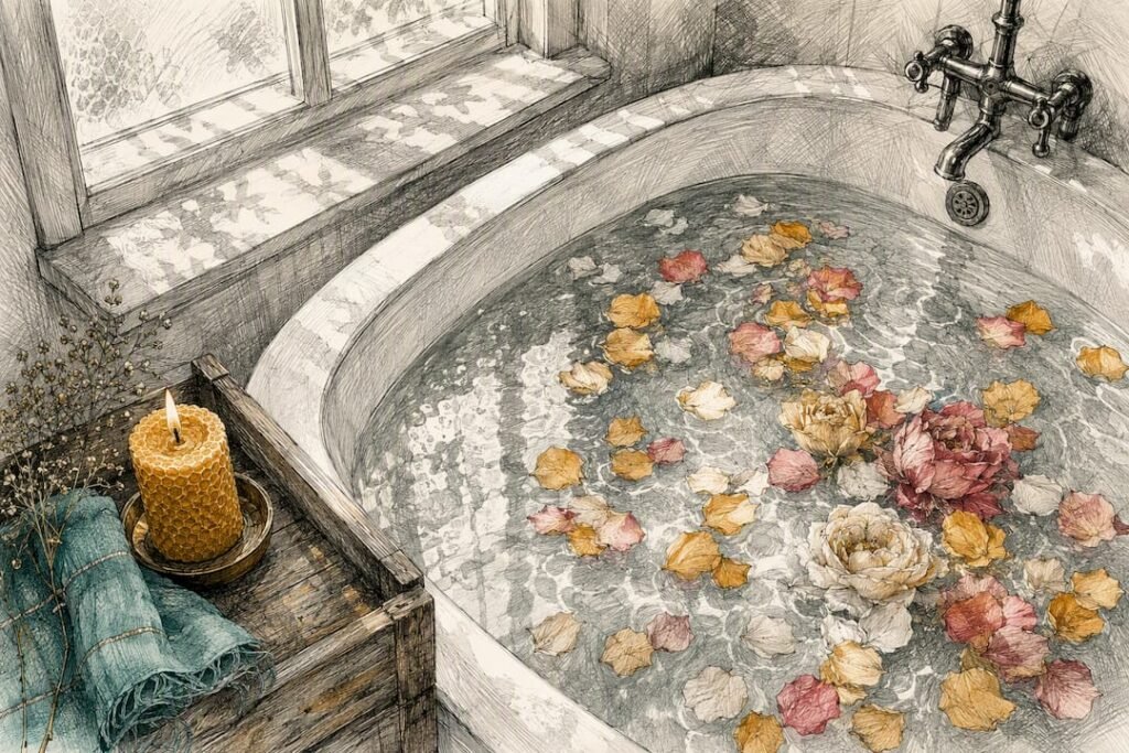 Bath tub with floating flower petals