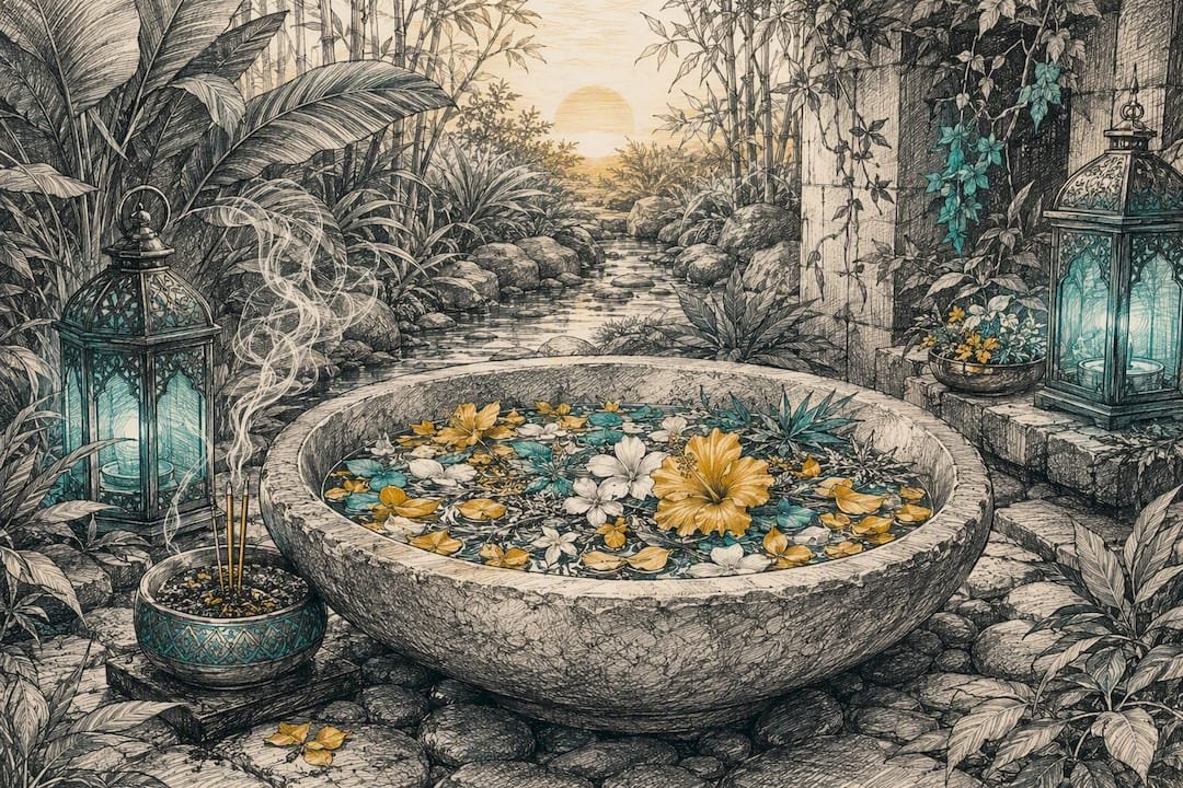 Wooden basin with flowers and herbs outdoors
