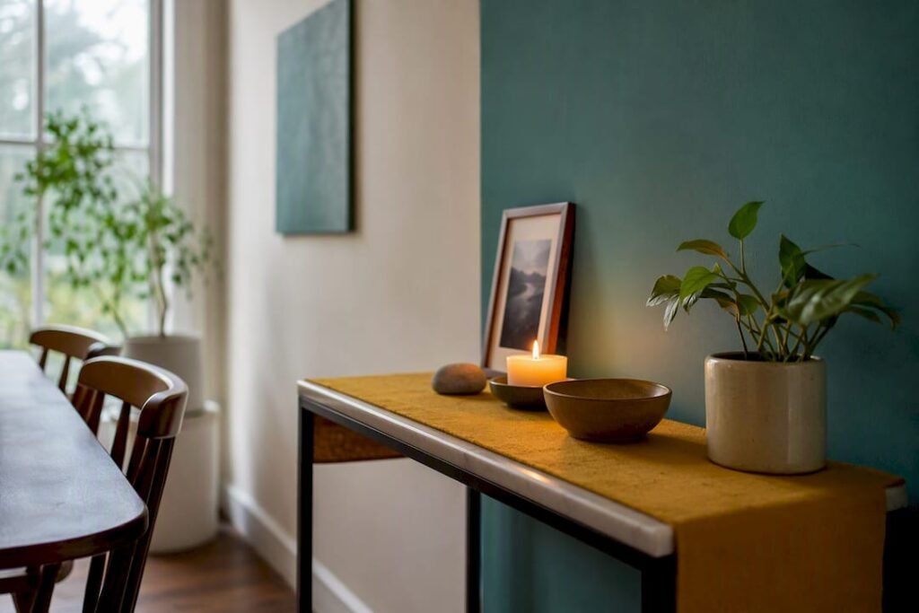 Simple home altar with candle and meaningful objects