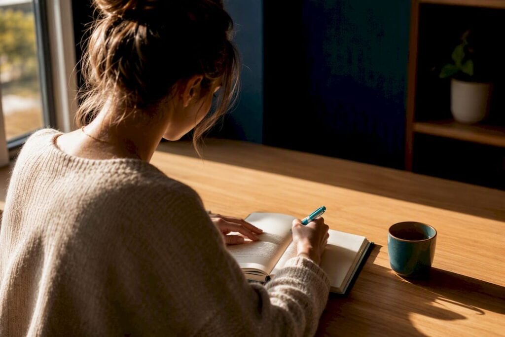 Person writing a weekly reflection journal