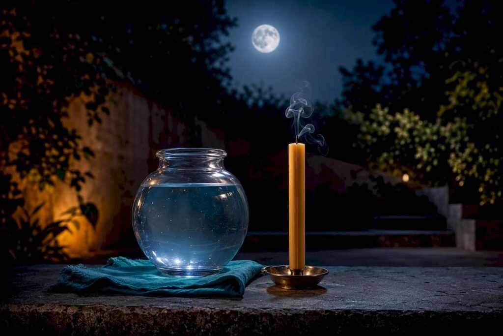 Moon water and candle beneath full moon