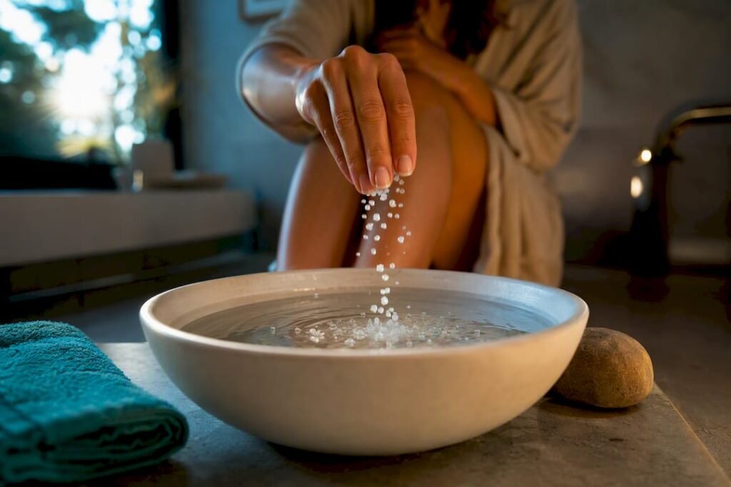 Hands preparing a calming salt foot soak