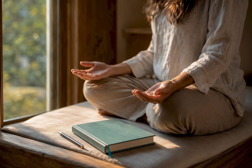 Hands pausing in prayer beside journal