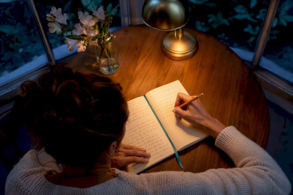 Hands writing in a gratitude journal
