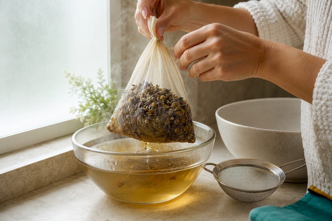 Cleansing Bath Recipe: 2 Cups Epsom Salt, 101.5–102°F, 5 Variations 1 Muslin bag steeping dried bath herbs
