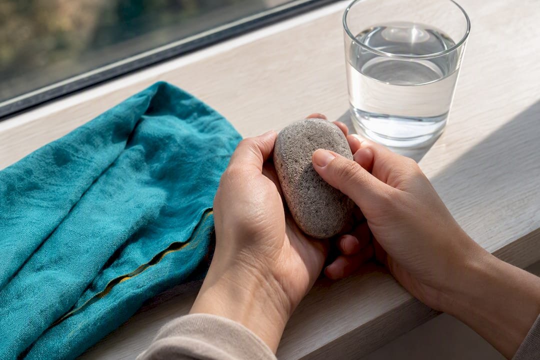 Hands holding a textured grounding stone