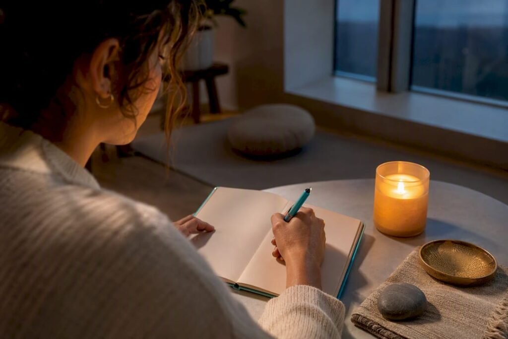 Person writing beside candle during ritual