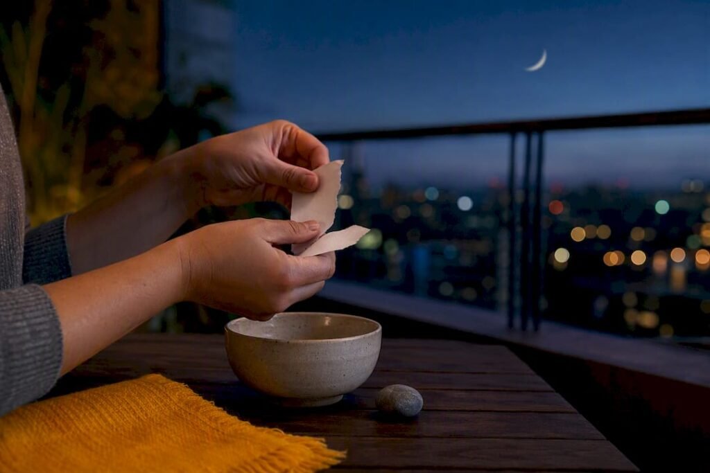Hands tearing paper for moon release ritual