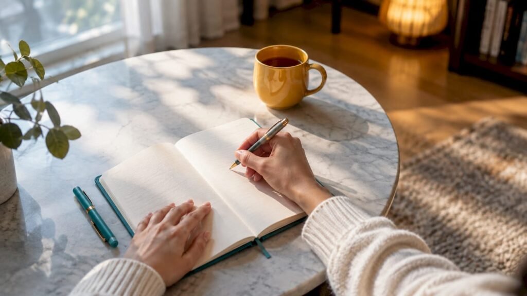 Hands writing a manifestation visualization journal