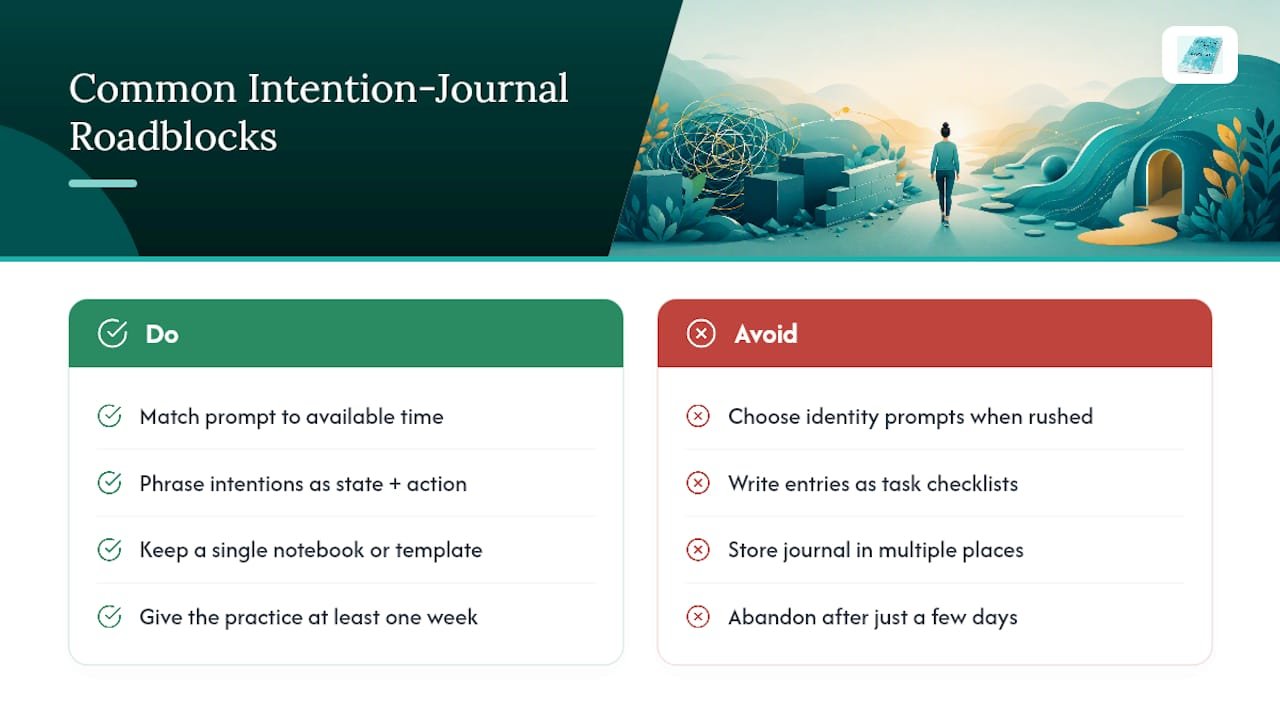 3 Minute Intention Journal Prompts: 8 Morning, 11 Weekly, 30+ Bank 2 Common Roadblocks When You Start Intention Journaling — overview diagram