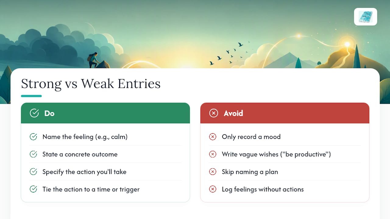 3 Minute Intention Journal Prompts: 8 Morning, 11 Weekly, 30+ Bank 1 What a Filled-Out Intention Entry Actually Looks Like — overview diagram