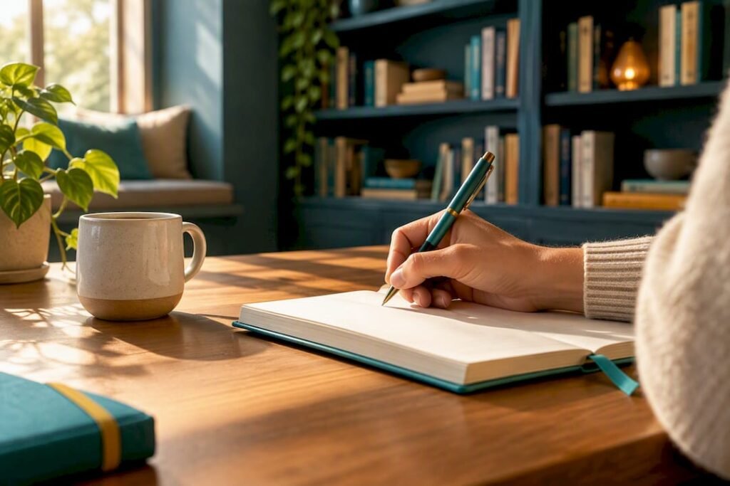 Hand writing affirmation in a journal