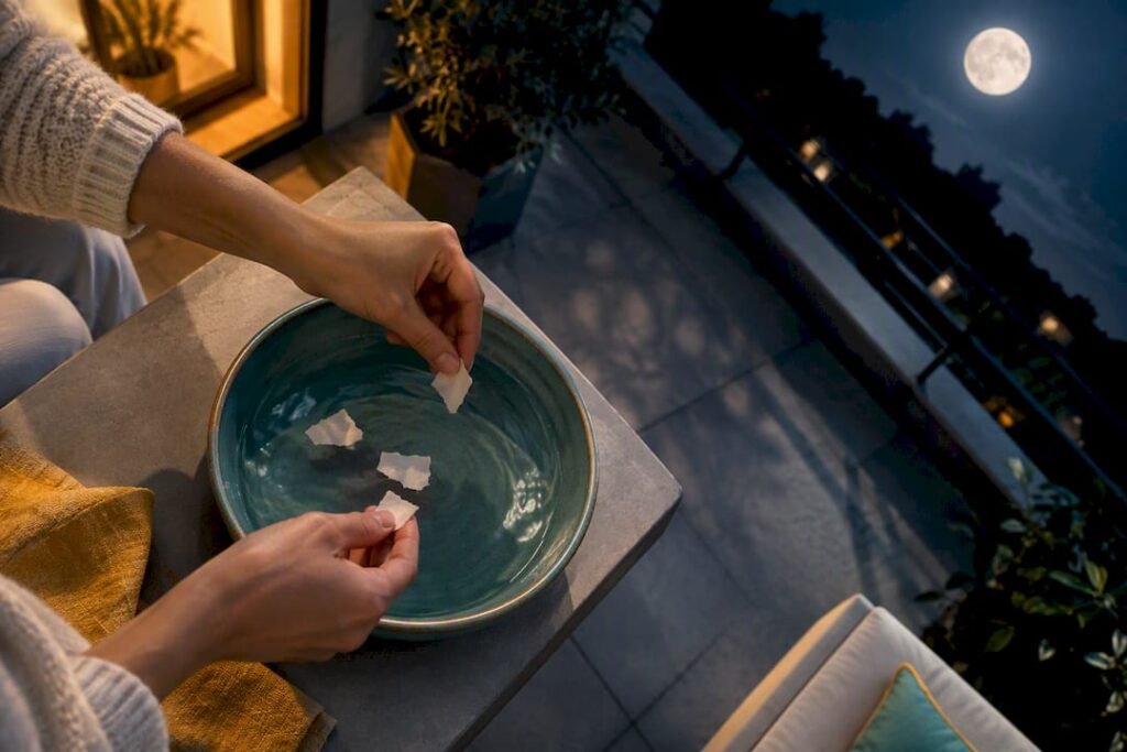 Hands dissolving ritual paper under full moon