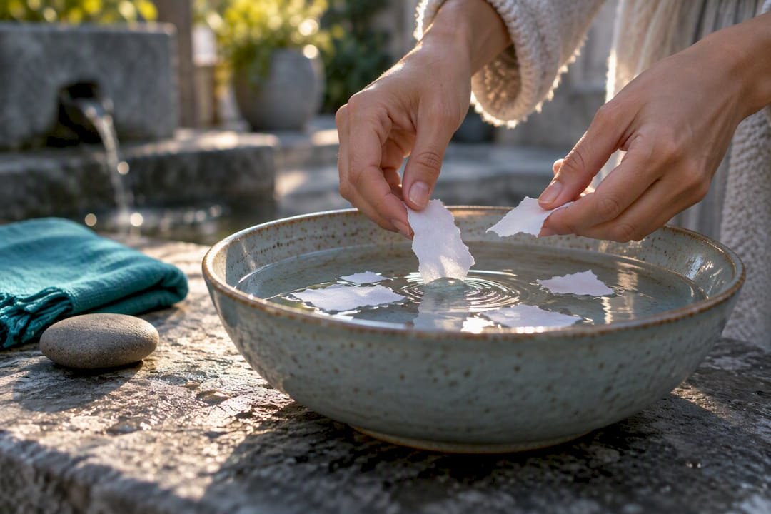 Hands placing torn paper into water