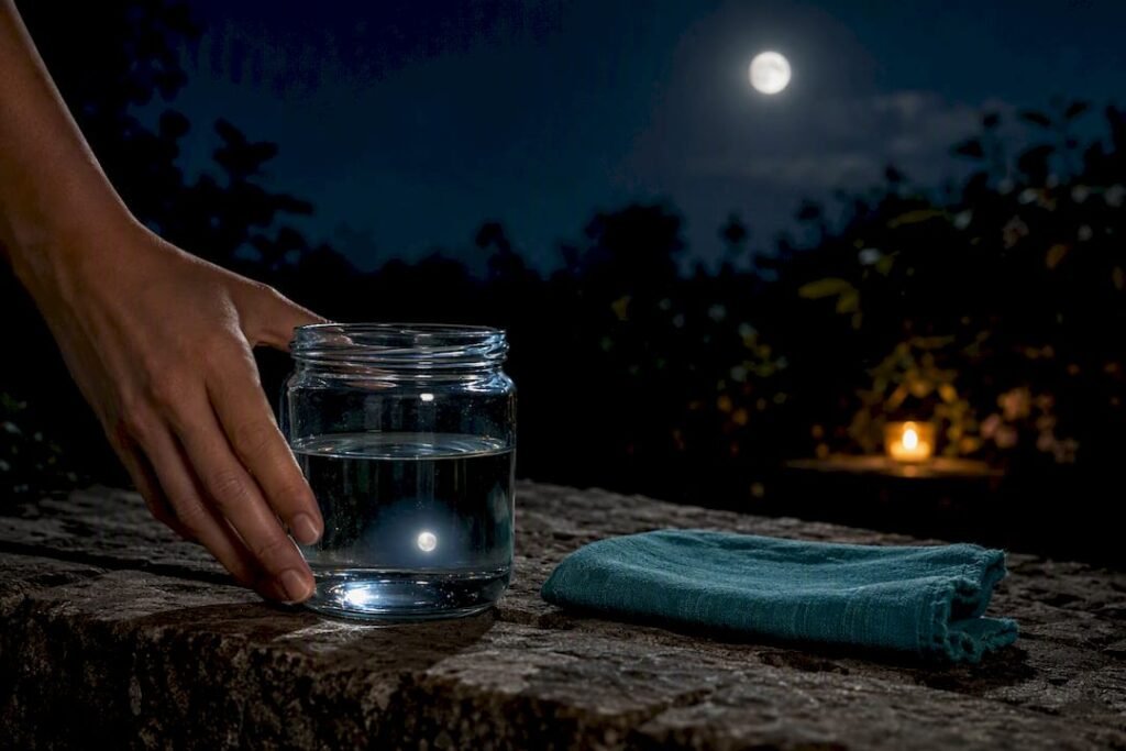 Open jar of water under moonlight