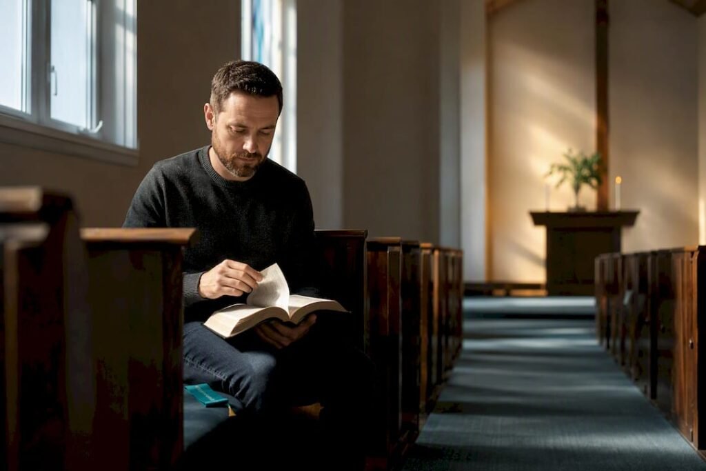 Christian reading Bible in quiet chapel