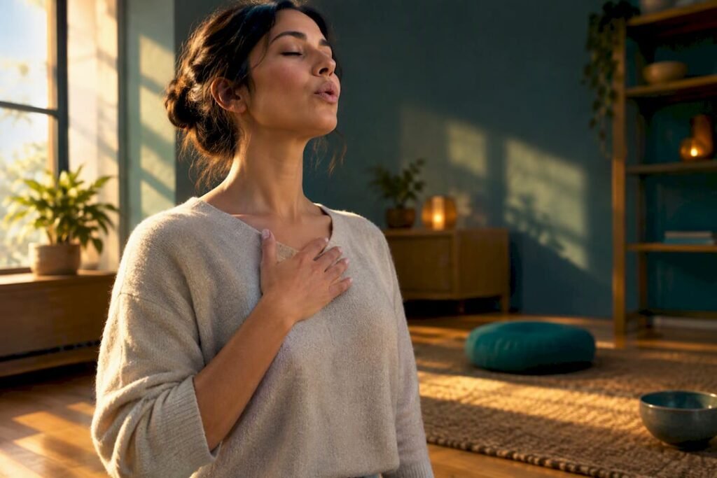 Person practicing sustained humming at home