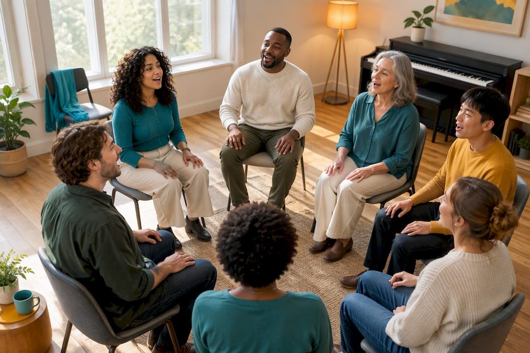 Small choir singing together indoors