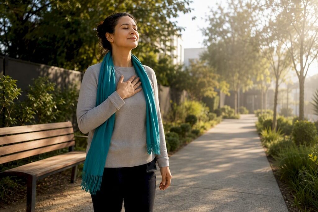 Person pausing during a compassionate walk