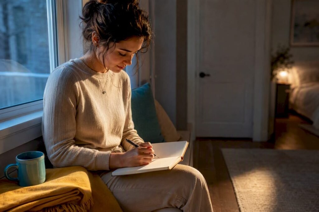 Person writing forgiveness journal in quiet space