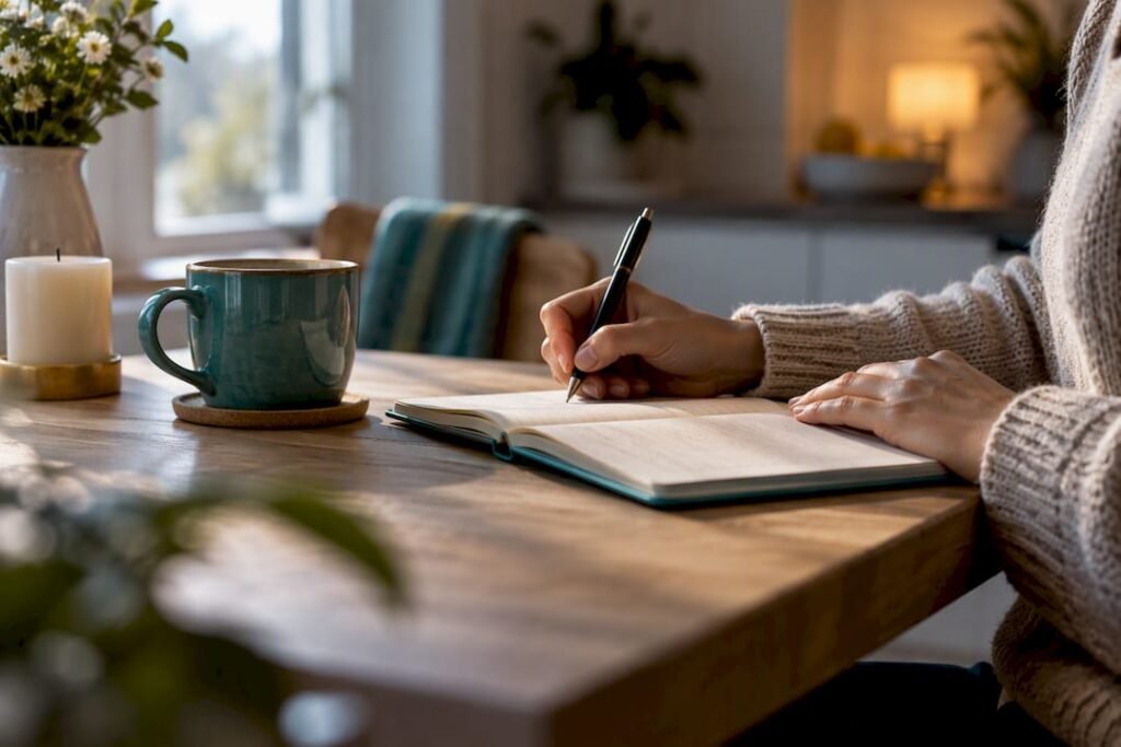 Hands writing gently in a grief journal
