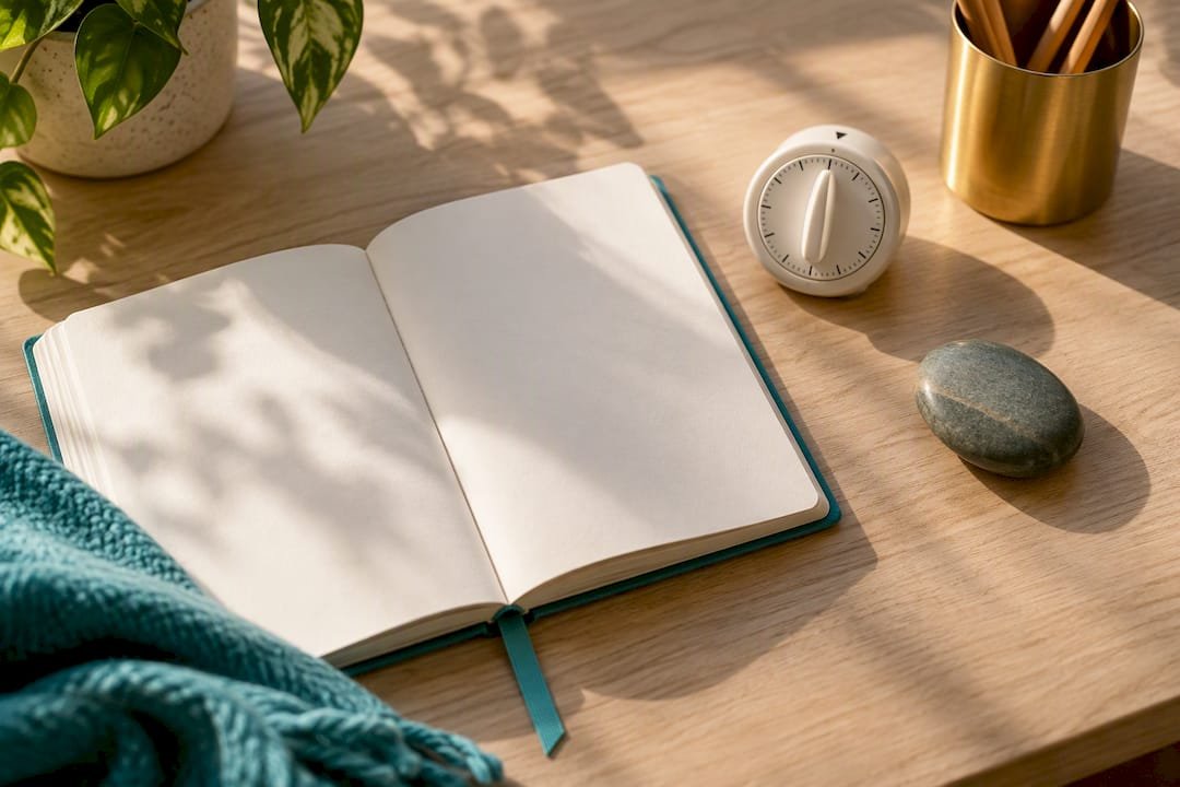 Journal, timer, and grounding stone setup