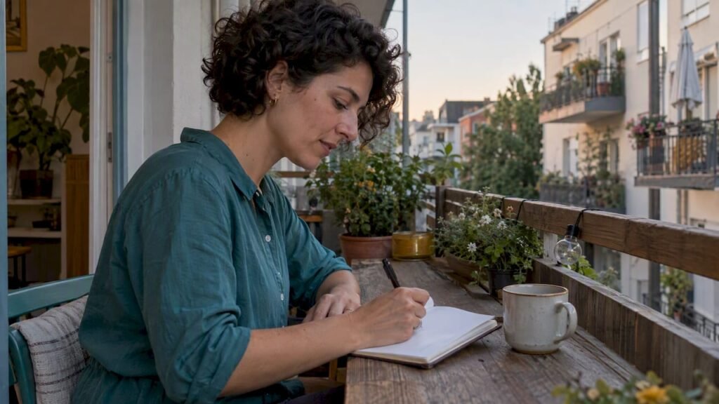 Woman writing a new moon intention