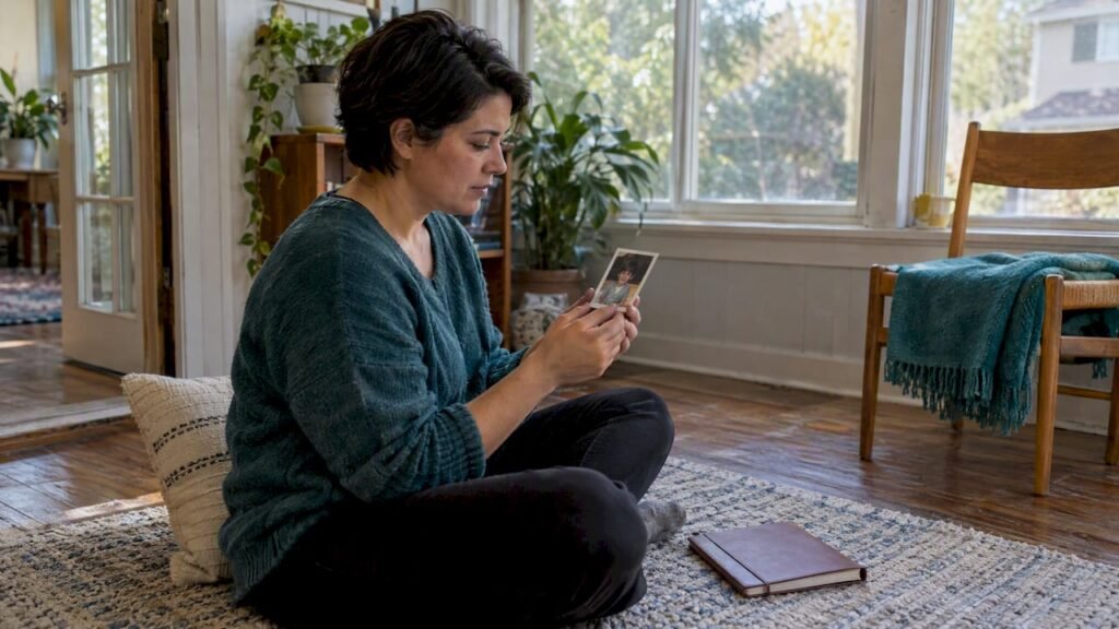 Adult beginning a reparenting ritual with childhood photo