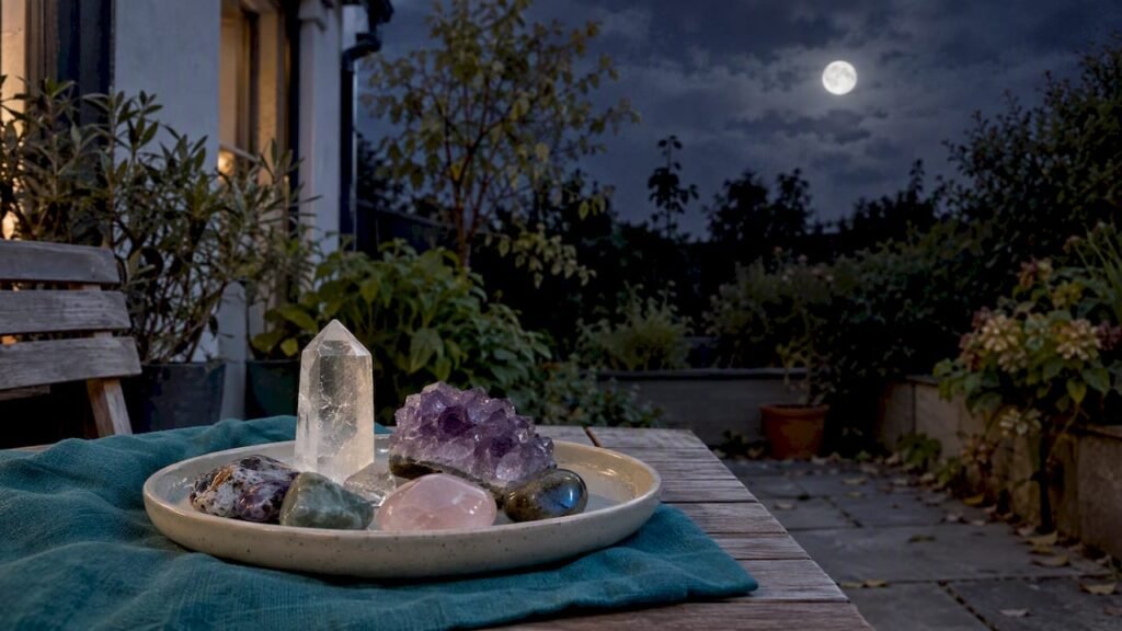 Crystals resting outdoors under moonlight