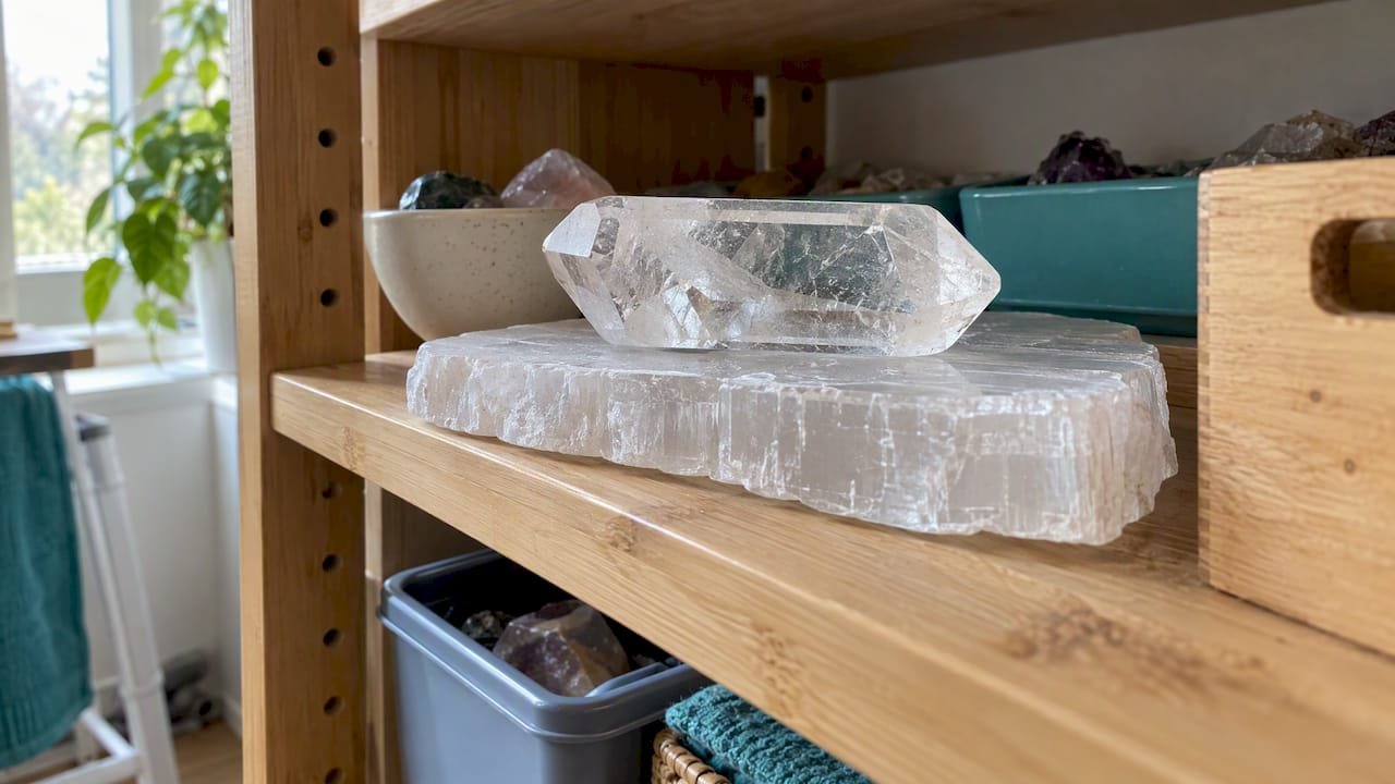 Protect Your Stones: Crystal Charging Methods That Won't Fade 1 Clear quartz resting on selenite slab