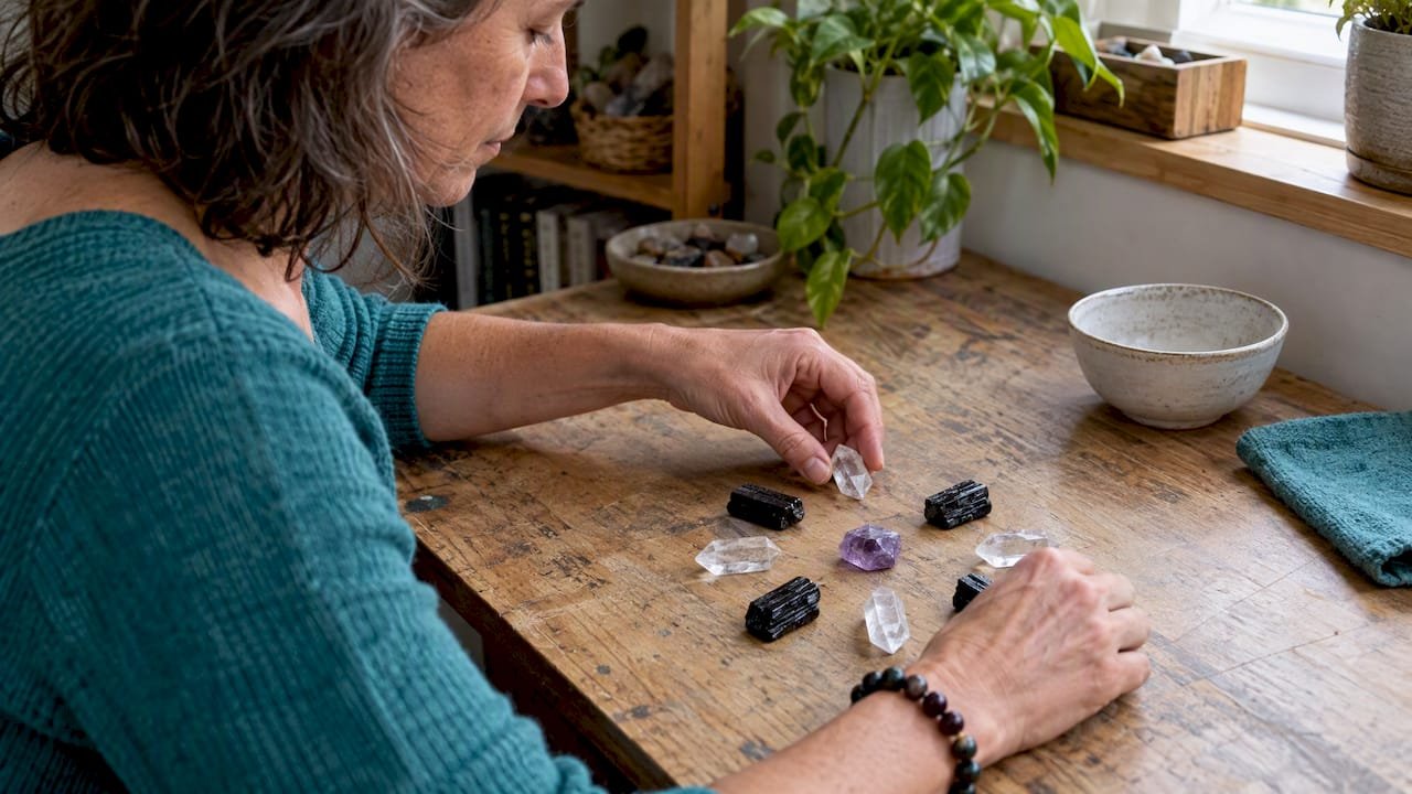 Hands arranging stones into a crystal grid