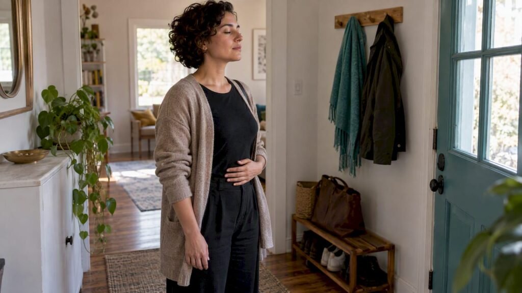 Woman practicing grounding before leaving home